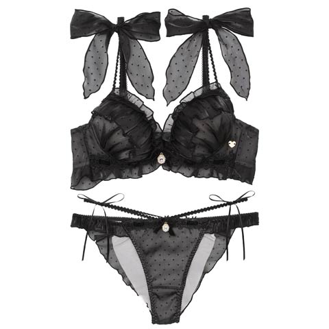 【明日花キララプロデュース/WhipBunny】Flocky Dot Girly Bra&Shorts / フロッキードットガーリーブラ＆ショーツ(フレンチブラック-B65/ショーツM)