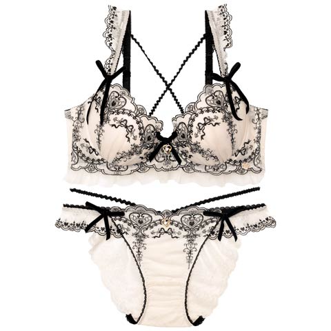 【明日花キララプロデュース/WhipBunny】Antique Ribbon Heart Bra&Shorts / アンティークリボンハートブラ＆ショーツ(ロイヤルアイボリー-B65/ショーツM)