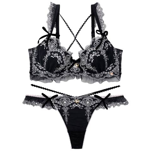 【明日花キララプロデュース/WhipBunny】Antique Ribbon Heart Bra&T-back / アンティークリボンハートブラ＆Tバック(ロイヤルブラック-B65/ショーツM)