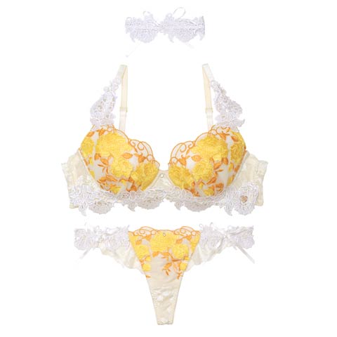 【明日花キララプロデュース/WhipBunny】 ゴージャスシャインローズチョーカーブラ＆Tバック(イエロー-B65/ショーツM)