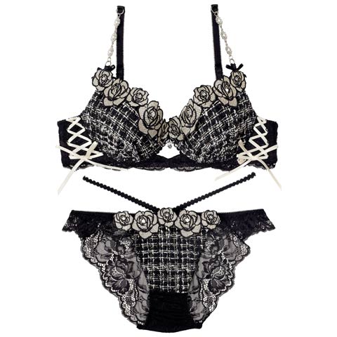 11/11再販!【明日花キララプロデュース/WhipBunny】Tweed Jewelry Rose Bra&Shorts / ツイードジュエリーローズブラ＆ショーツ(ブラックツイード-B65/ショーツM)