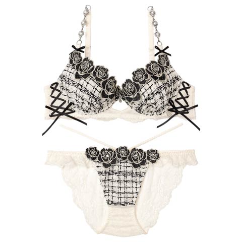 11/11再販!【明日花キララプロデュース/WhipBunny】Tweed Jewelry Rose Bra&Shorts / ツイードジュエリーローズブラ＆ショーツ(アイボリーツイード-B65/ショーツM)