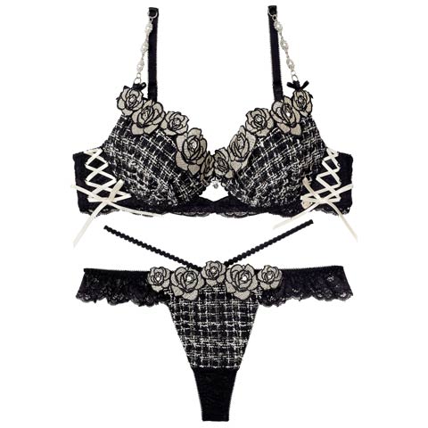 11/11再販!【明日花キララプロデュース/WhipBunny】Tweed Jewelry Rose Bra&T-back / ツイードジュエリーローズブラ＆Tバック(ブラックツイード-B65/ショーツM)