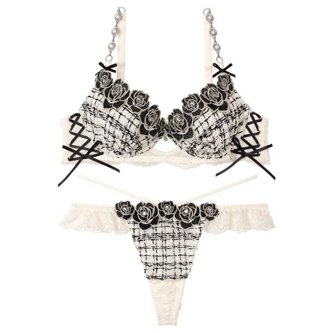 11/11再販!【明日花キララプロデュース/WhipBunny】Tweed Jewelry Rose Bra&T-back / ツイードジュエリーローズブラ＆Tバック(アイボリーツイード-B65/ショーツM)