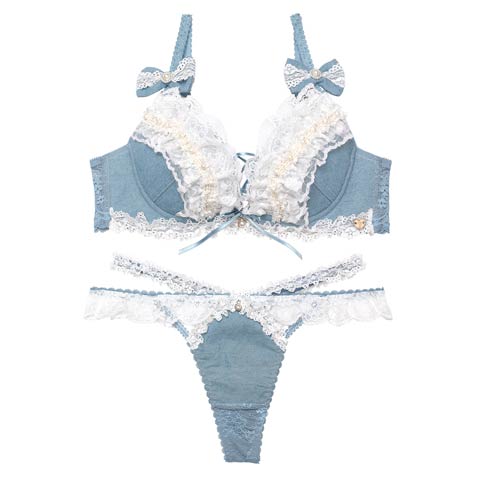 【明日花キララプロデュース/WhipBunny】Lacy Tiered Denim Bra&T-back / レーシィティアードデニムブラ＆Tバック［週替］[スーパーセール](ライトブルー-B65/ショーツM)