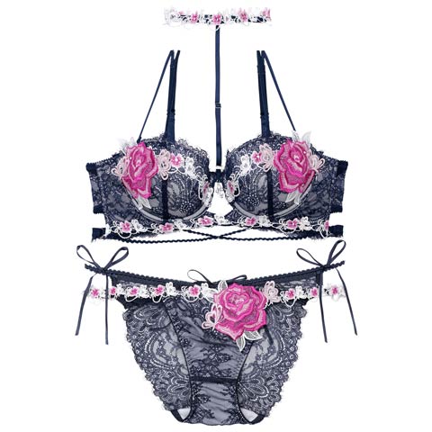 【明日花キララプロデュース/WhipBunny】Brilliance Rose Papillon Bra&Shorts / ブリリアンスローズパピヨンブラ＆ショーツ(アイラッシュネイビー-B65/ショーツM)