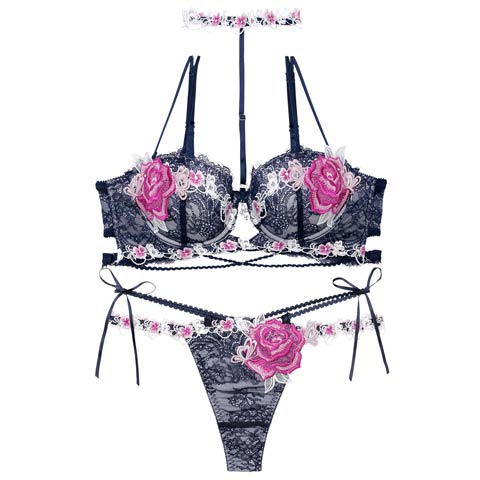 【明日花キララプロデュース/WhipBunny】Brilliance Rose Papillon Bra&T-back / ブリリアンスローズパピヨンブラ＆Tバック(アイラッシュネイビー-B65/ショーツM)