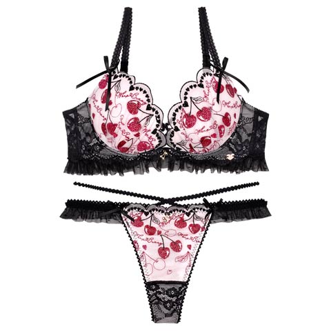 【明日花キララプロデュース/WhipBunny】Twinkle Cherry Frill Bra&T-back / トゥインクルチェリーフリルブラ＆Tバック(ブラックチェリー-B65/ショーツM)