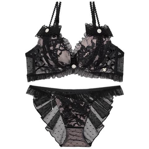 2/27新作!【明日花キララプロデュース/WhipBunny】Dot Ribbon Tulle Bra&Shorts / ドットリボンチュールブラ＆ショーツ(ブラックリボン-B65/ショーツM)