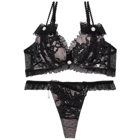 2/27新作!【明日花キララプロデュース/WhipBunny】Dot Ribbon Tulle Bra&T-back / ドットリボンチュールブラ＆Tバック(ブラックリボン-B65/ショーツM)