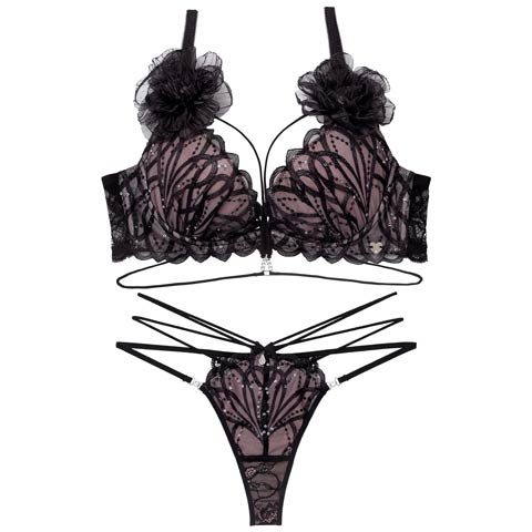 1/30新作!【明日花キララプロデュース/WhipBunny】Elegant Arch Corsage Bra&T-back/ エレガントアーチコサージュブラ＆Tバック(ブラックマグノリア-B65/ショーツM)