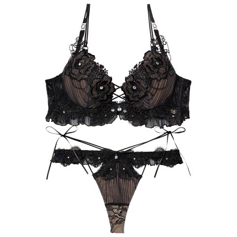 2/20新作!【明日花キララプロデュース/WhipBunny】Pleats Bijou Rose Bra&T-back / プリーツビジューローズブラ＆Tバック(ブラッククラシカル-B65/ショーツM)