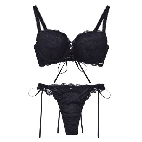 【Rちゃんプロデュース/LEMURA】LaceUp Ribbon Lingerie-Tバックセット-(ブラック-B65/ショーツM)