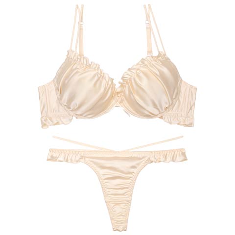 【PyunA.プロデュース/Enfel】サテンフリルエンジェル ブラジャー&Tバック(クリーム-B65/ショーツM)