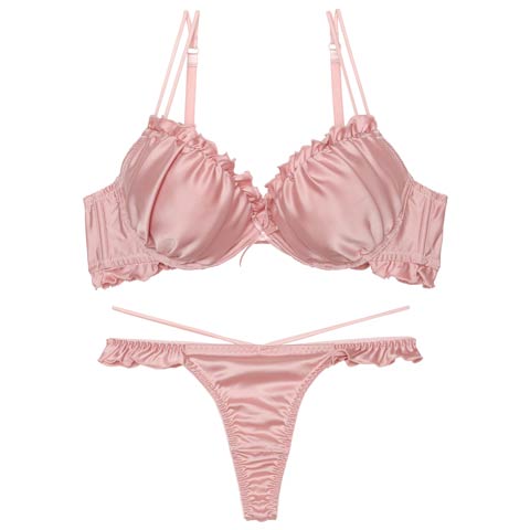 【PyunA.プロデュース/Enfel】サテンフリルエンジェル ブラジャー&Tバック(ピンク-B65/ショーツM)