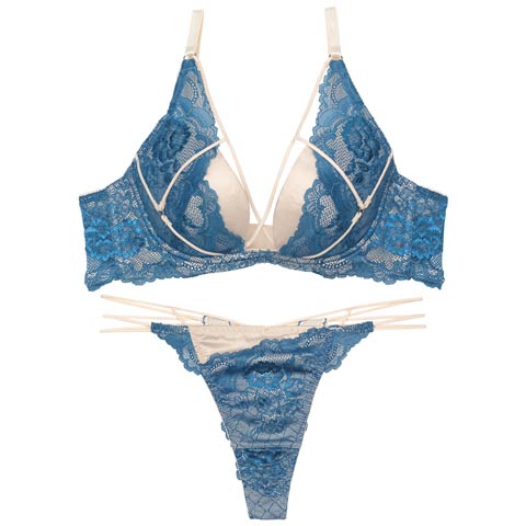 【PyunA.プロデュース/Enfel】レイヤードデビル ブラジャー&Tバック(ブルー-B65/ショーツM)