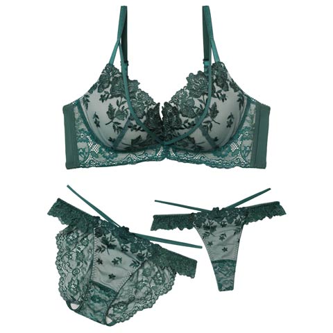 10/23新作!【Erikaプロデュース】【3点セット】エレガントブルーム育乳脇高ブラジャー&フルバック&Tバックショーツ(リッチグリーン-A70/ショーツM)