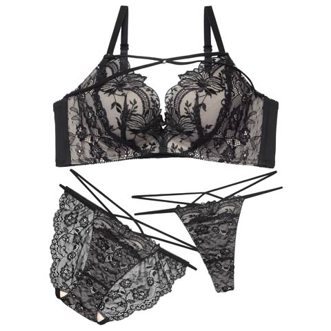 11/13新作!【あみち。プロデュース】【3点セット】ロマンティックレース育乳脇高ブラジャー&フルバック&Tバックショーツ(ブラック-A70/ショーツM)