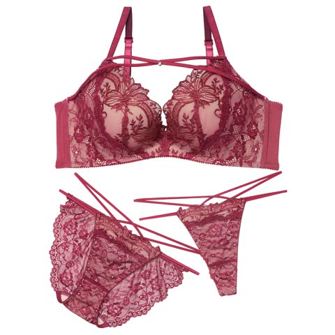 11/13新作!【あみち。プロデュース】【3点セット】ロマンティックレース育乳脇高ブラジャー&フルバック&Tバックショーツ(ローズピンク-A70/ショーツM)