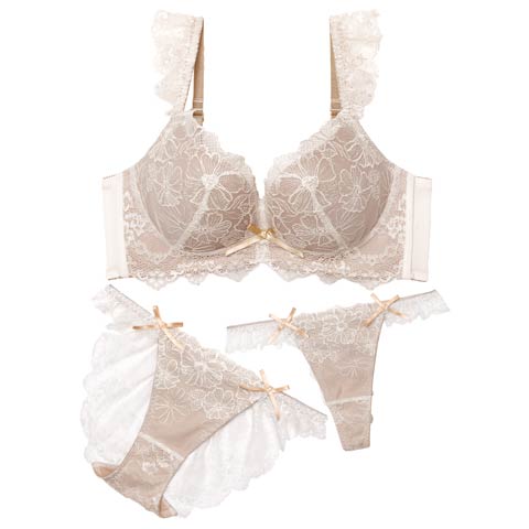 11/13新作!【あみち。プロデュース】【3点セット】スウィートフルール育乳脇高ブラジャー&フルバック&Tバックショーツ(ミルキークリーム-A70/ショーツM)