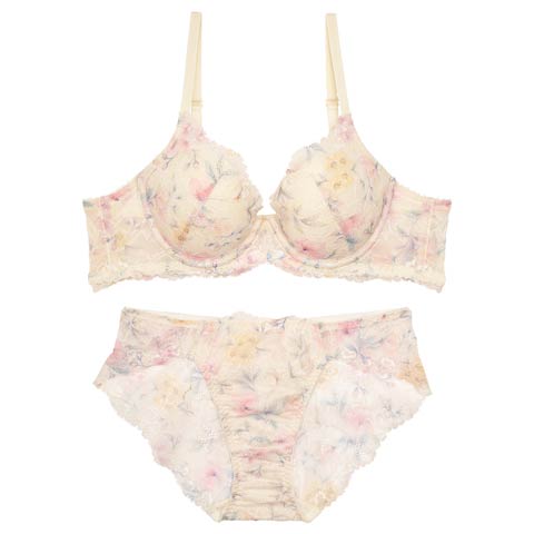 12/19新作!【かとゆり着用】】フラワークラウンプリントブラジャー＆バック透けフルバックショーツ［激売れ］(クリーム-B65/ショーツM)
