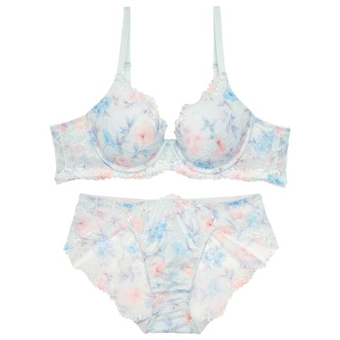 12/19新作!【かとゆり着用】】フラワークラウンプリントブラジャー＆バック透けフルバックショーツ［激売れ］(サックス-B65/ショーツM)