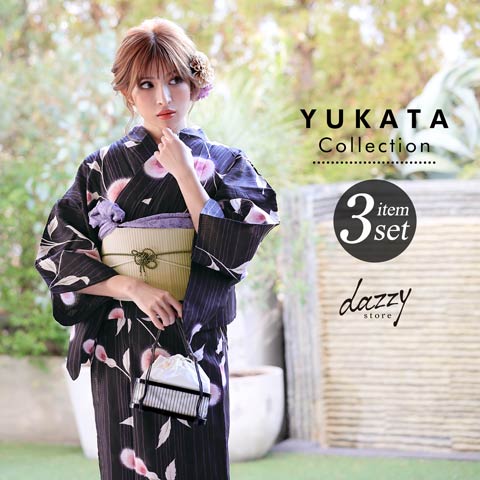 [3点SET] 黒地にあざみ浴衣 【2020年新作/YUKATA by dazzy】(ブラック)