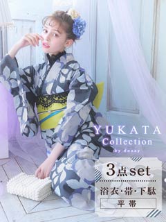 [3点SET] 黒地に古典梅浴衣 【2020年新作/YUKATA by dazzy】