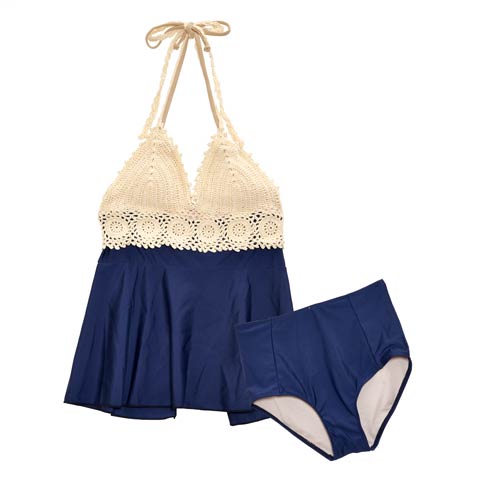 ニット×ペプラムワンピース/水着(ホワイト×ネイビー-M)