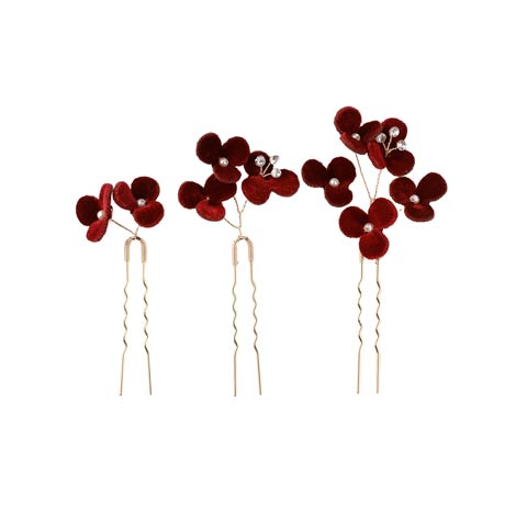 [3点SET]深紅小花ビジュー髪飾り【2025年新作/YUKATA by dazzy】(ワインレッド-3点SET)