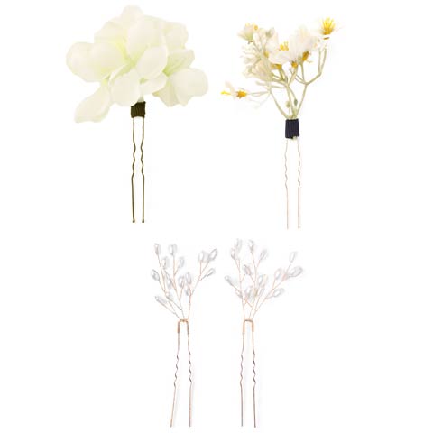 [4点SET]フラワーモチーフ×パール髪飾り【2025年新作/YUKATA by dazzy】(ホワイト-4点SET)