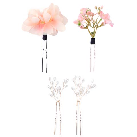 [4点SET]フラワーモチーフ×パール髪飾り【2025年新作/YUKATA by dazzy】(ピンク-4点SET)