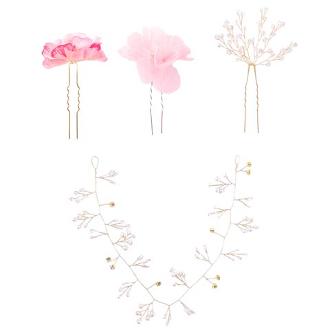 [4点SET]ニュアンスフラワー×パールビジュー髪飾り【2025年新作/YUKATA by dazzy】(ピンク-4点SET)