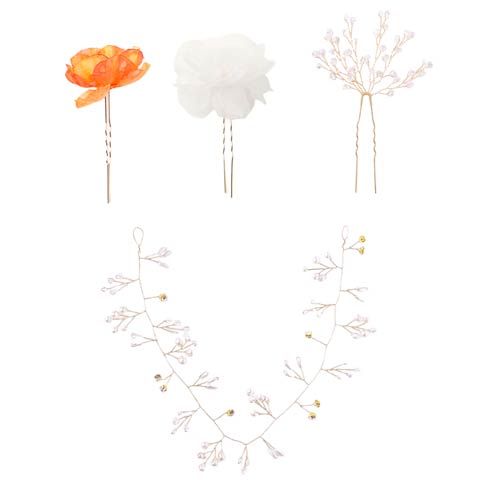 [4点SET]ニュアンスフラワー×パールビジュー髪飾り【2025年新作/YUKATA by dazzy】(オレンジ-4点SET)
