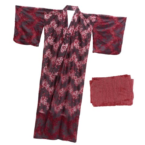 [2点SET]dazzyオリジナル配色透かしレース浴衣【YUKATA by dazzy 2025】(ブラック×レッド-フリー)