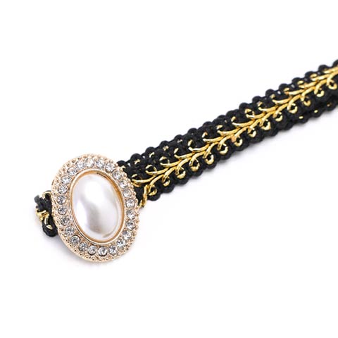 [単品]パールシルバーストーンビジュー付き飾り紐【2025年再入荷/YUKATA by dazzy】(ブラック×パール-150cm)