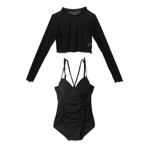 [2点SET]ギャザーコードメッシュ長袖ワンピース/水着【dazzy beach/2025ビキニ】(ブラック-Mサイズ)