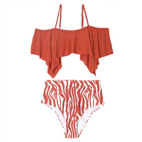 [2点SET]フレアオフショルゼブラビキニ/水着【dazzy beach/2025ビキニ】(テラコッタオレンジ-Sサイズ)