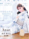 明日花キララ着用[3点SET]白地×水墨画風ブルー花柄【2024年新作/YUKATA by dazzy】