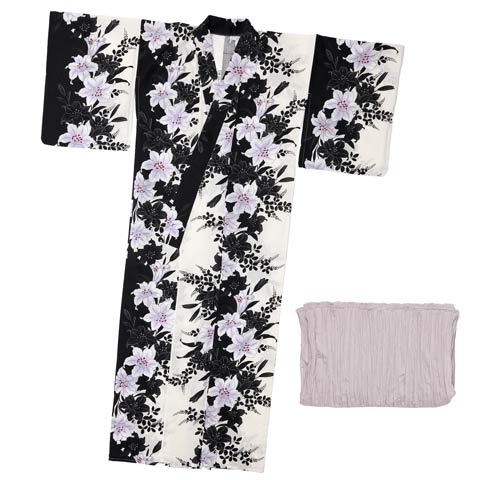 [2点SET]ディープホワイト百合柄浴衣【YUKATA by dazzy 2025】(ホワイトXパープル-フリー)