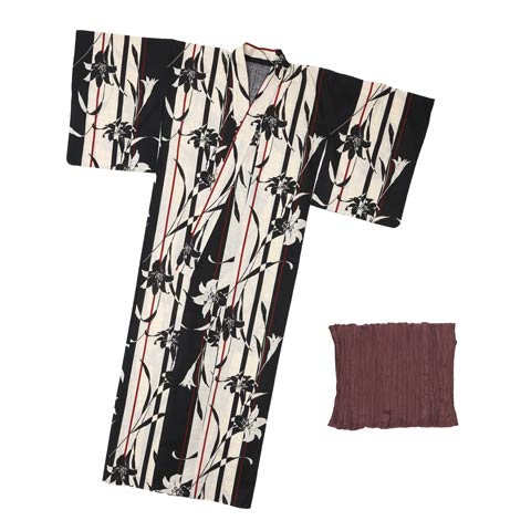 [2点SET]縦縞モノクロ百合柄浴衣【YUKATA by dazzy 2025】(ブラック×生成-フリー)