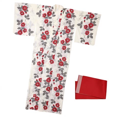 [2点SET]白地×赤椿柄浴衣【YUKATA by dazzy 2025】(ホワイトXレッド-フリー)