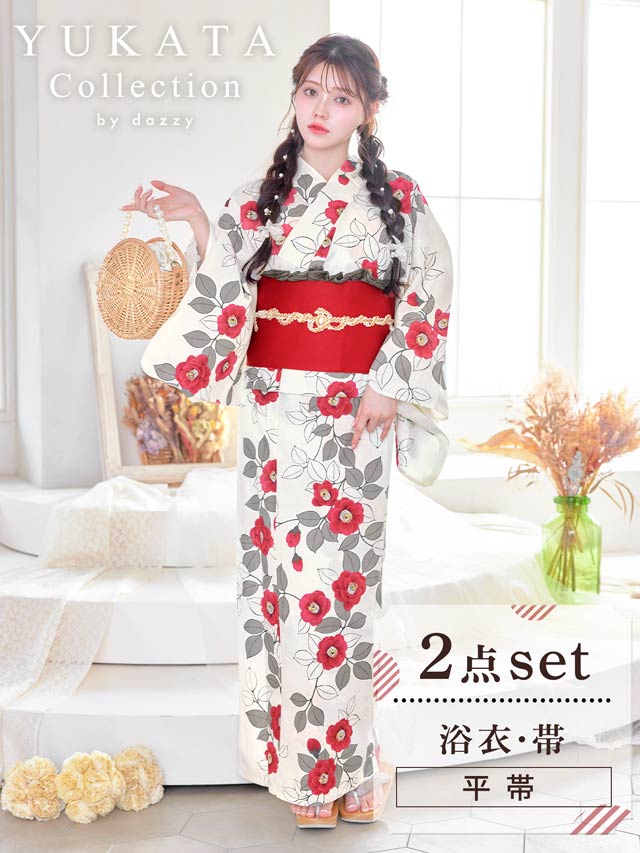 [2点SET]白地×赤椿柄浴衣【YUKATA by dazzy 2025】