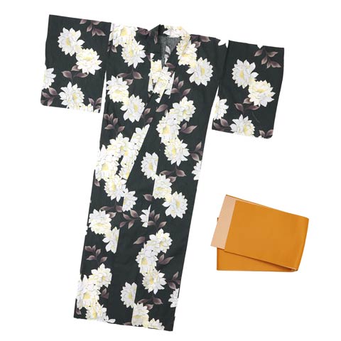 [2点SET]縦縞×牡丹柄浴衣【YUKATA by dazzy 2025】(ホワイトXグレイ-フリー)
