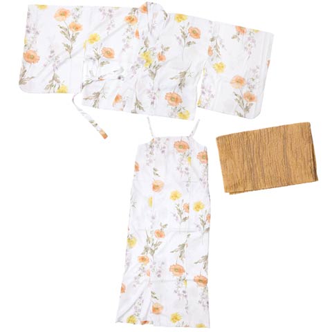[ワンピース浴衣] 白地×パステルポピー柄浴衣[4点SET]【2025年新作/YUKATA by dazzy】(ホワイト×イエロー-フリーサイズ)