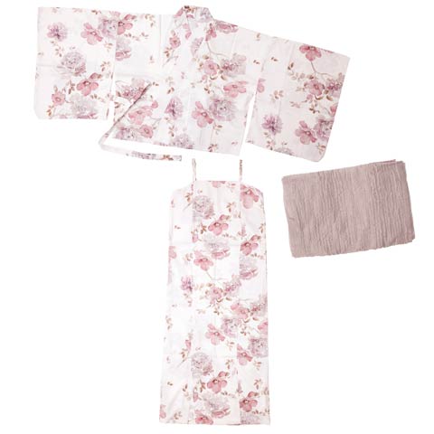 [ワンピース浴衣] 白地×芍薬野薔薇柄[4点SET]【2025年新作/YUKATA by dazzy】(ホワイト×ダスティピンク-フリーサイズ)