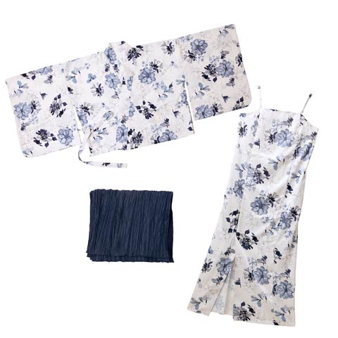 [ワンピース浴衣] 青紺ガーベラ×シルエット花柄[4点SET]【2025年新作/YUKATA by dazzy】(ホワイト×ネイビー-フリーサイズ)