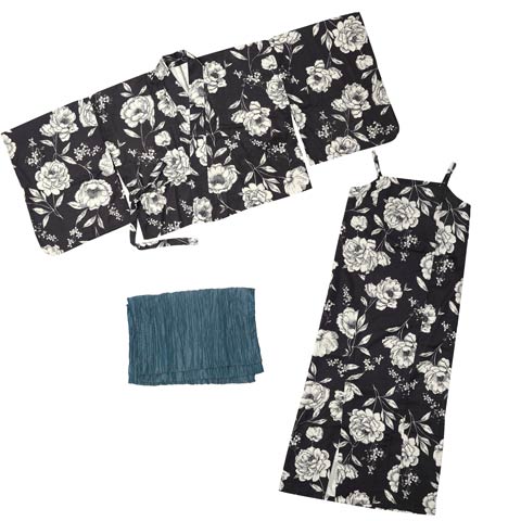 [ワンピース浴衣] 漆黒×レトロ白薔薇柄[4点SET]【2025年新作/YUKATA by dazzy】(ブラック×ブルーグリーン-フリーサイズ)