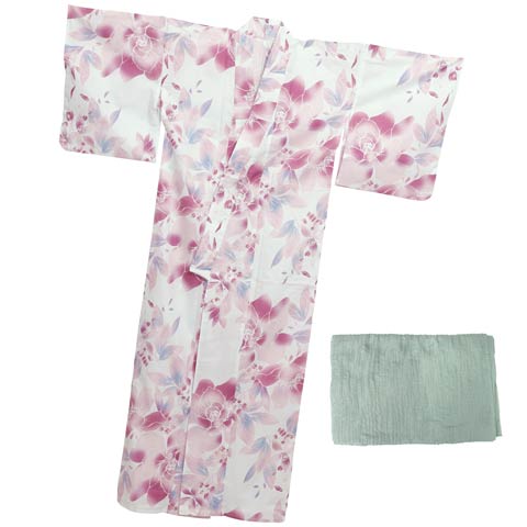 [3点SET]ニュアンス水彩薔薇柄浴衣【2025年新作/YUKATA by dazzy】(ピンク×ミント-フリーサイズ)