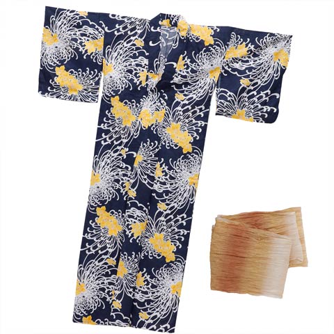 [3点SET]濃紺×乱れ菊柄浴衣【2025年新作/YUKATA by dazzy】(ネイビー×イエロー-フリー)